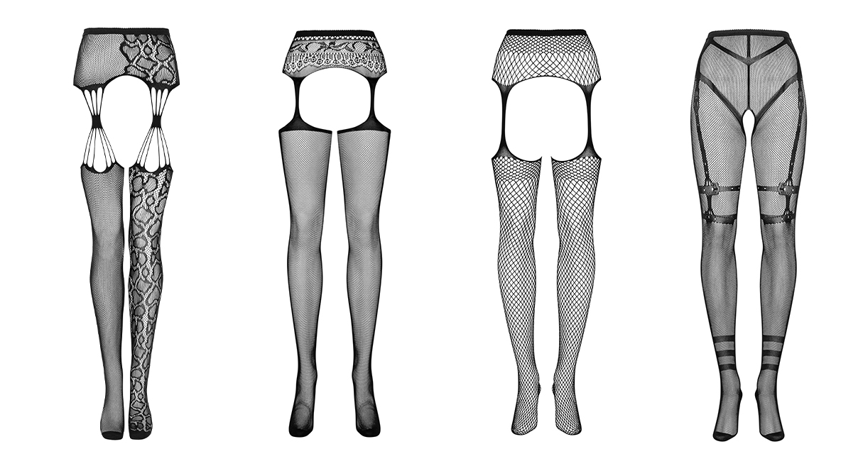 Zdjęcia 4 garter stockings: z motywem panterki na jednej nodze, gładkie z ozdobnym pasem, gładkie o większych oczkach, gładkie z motywem pasów owiniętych wokół nóg