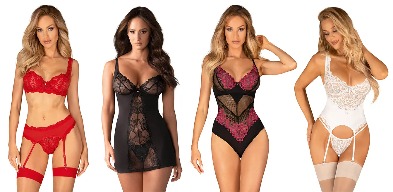 Koronkowe modele bielizny, czerwony komplet z pasem, czarna koszulka nocna, czarne body z różowym wykończeniem, biały gorset