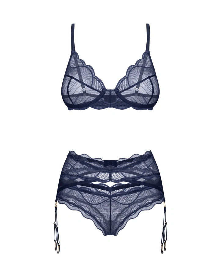 Niebieski komplet z koronki: biustonosz, figi, pas