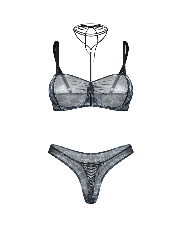 Biustonosz z wiązaniem na szyi i stringi